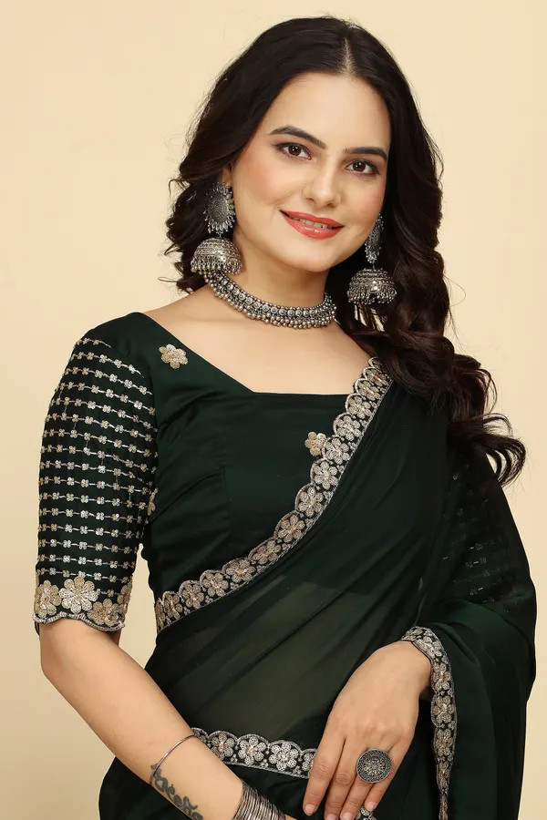 Green_Chiffon_Saree_With_Blouse_Piece_For_Women