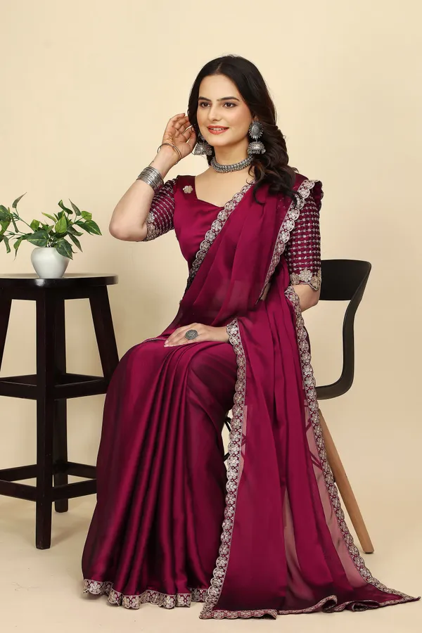 Red_Chiffon_Saree_With_Blouse_Piece_For_Women