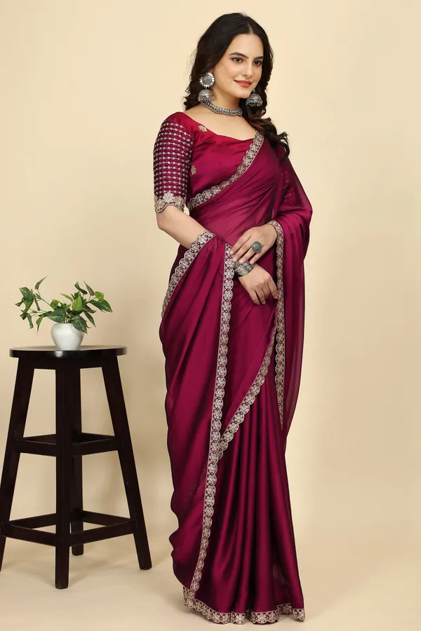 Red_Chiffon_Saree_With_Blouse_Piece_For_Women