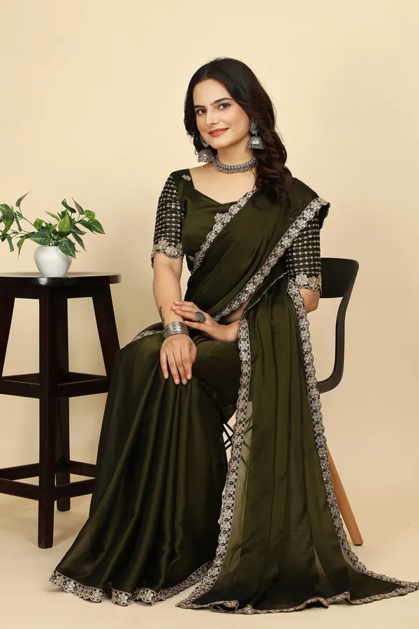Mehendi_Chiffon_Saree_With_Blouse_Piece_For_Women