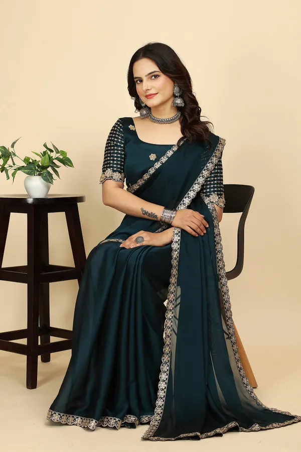 Teal_Chiffon_Saree_With_Blouse_Piece_For_Women
