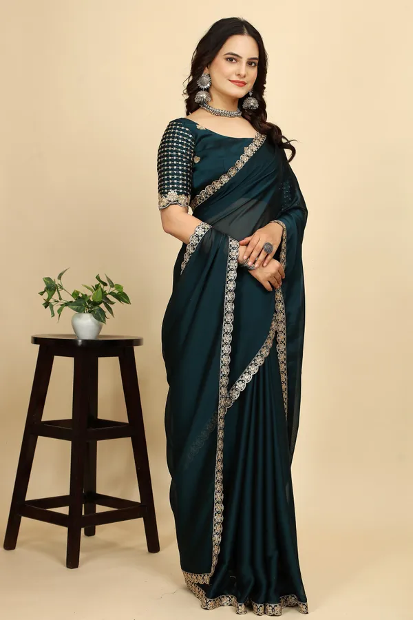 Teal_Chiffon_Saree_With_Blouse_Piece_For_Women