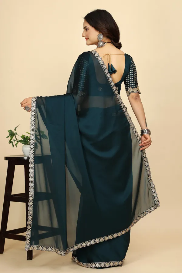 Teal_Chiffon_Saree_With_Blouse_Piece_For_Women