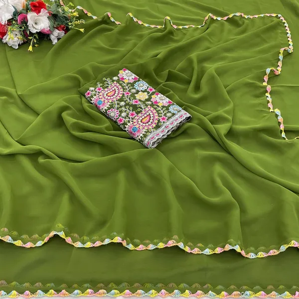 Mehendi_Georgette_Saree_With_Siroski_Blouse_For_Women