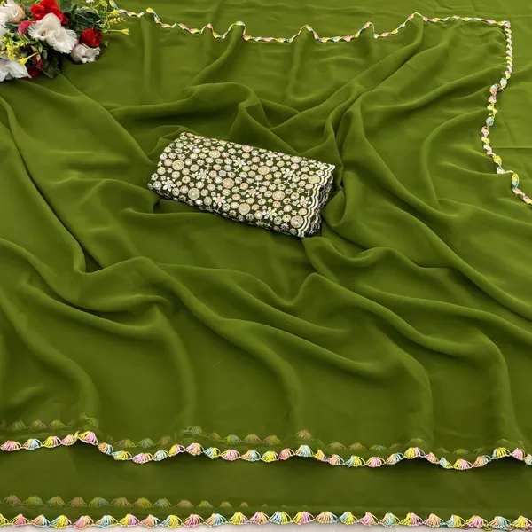 Mehendi_Georgette_Saree_With_Siroski_Blouse_For_Women