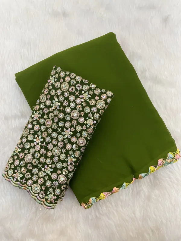Mehendi_Georgette_Saree_With_Siroski_Blouse_For_Women