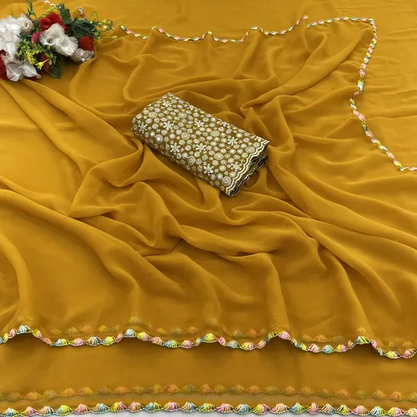 Yellow_Georgette_Saree_With_Siroski_Blouse_For_Women