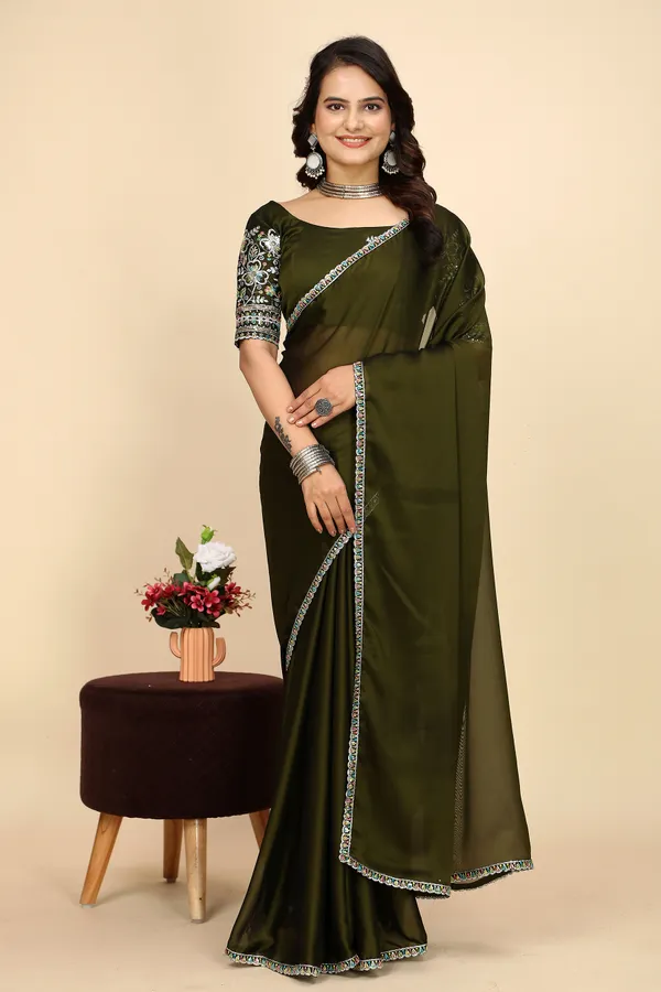 Mehendi_Chiffon_Saree_With_Blouse_For_Women