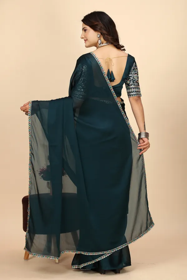 Navy_Blue_Chiffon_Saree_With_Blouse_For_Women