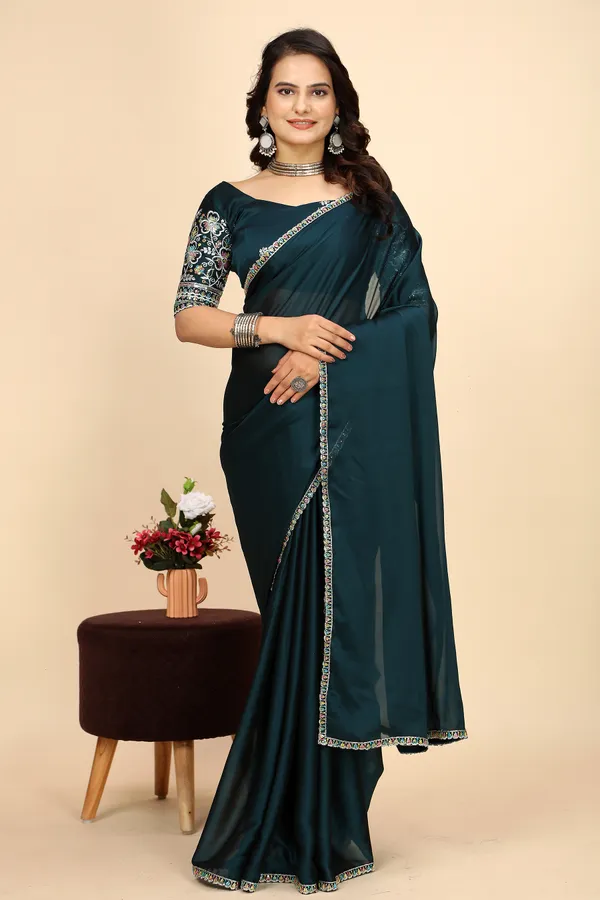 Navy_Blue_Chiffon_Saree_With_Blouse_For_Women