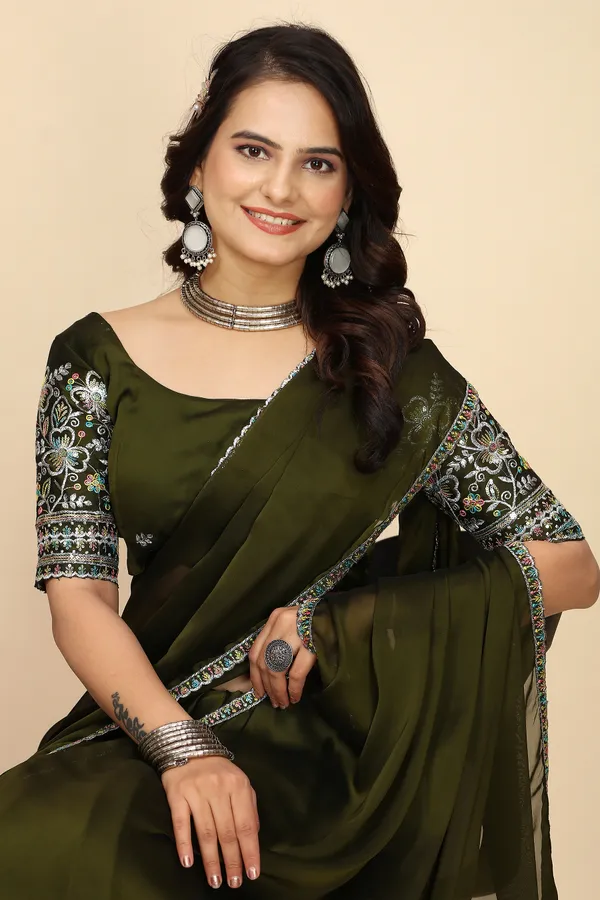 Mehendi_Chiffon_Saree_With_Blouse_For_Women