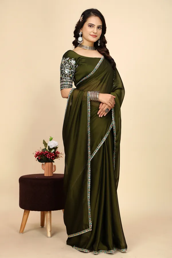 Mehendi_Chiffon_Saree_With_Blouse_For_Women