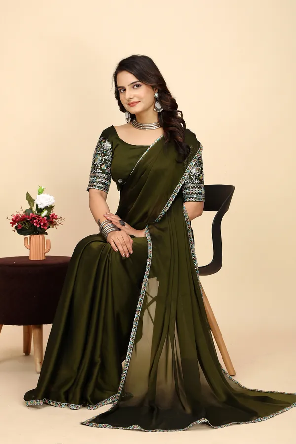 Mehendi_Chiffon_Saree_With_Blouse_For_Women