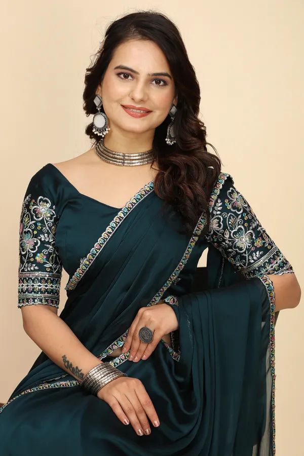 Navy_Blue_Chiffon_Saree_With_Blouse_For_Women