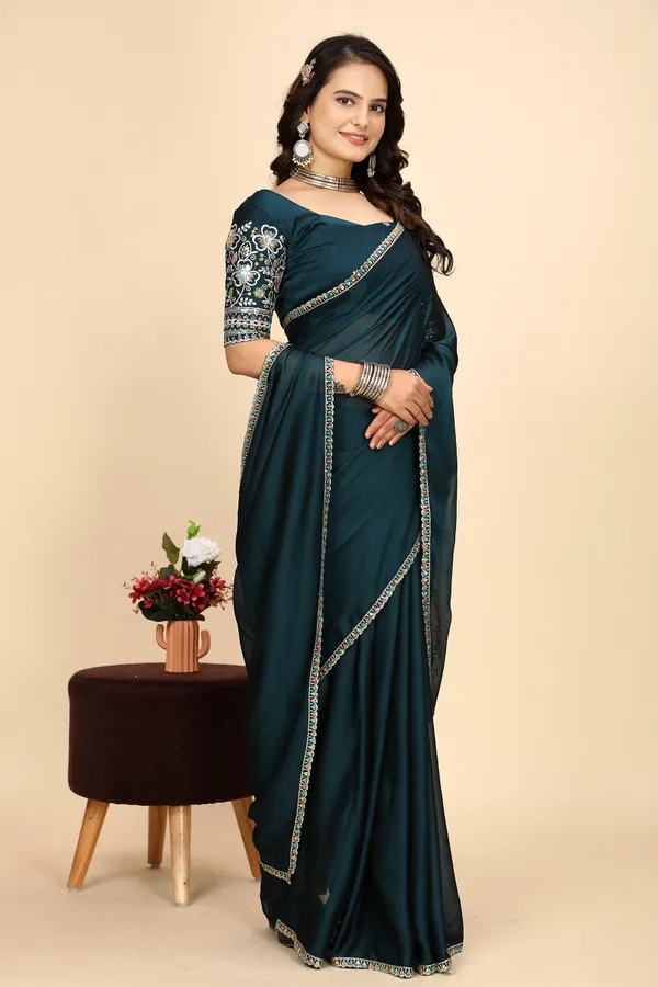 Navy_Blue_Chiffon_Saree_With_Blouse_For_Women
