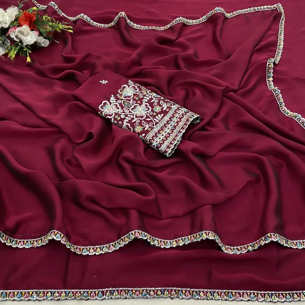 Red_Chiffon_Saree_With_Blouse_For_Women