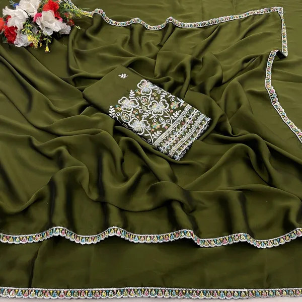 Mehendi_Chiffon_Saree_With_Blouse_For_Women