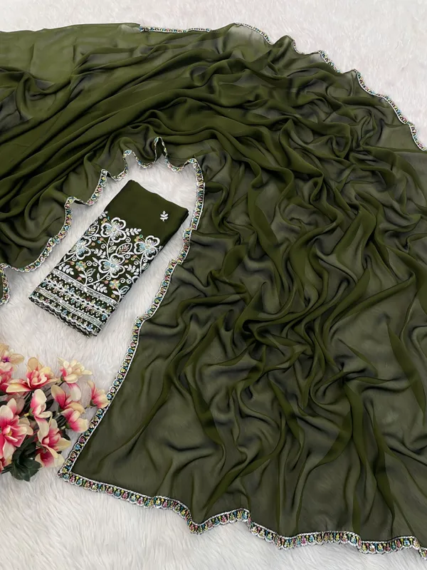 Mehendi_Chiffon_Saree_With_Blouse_For_Women