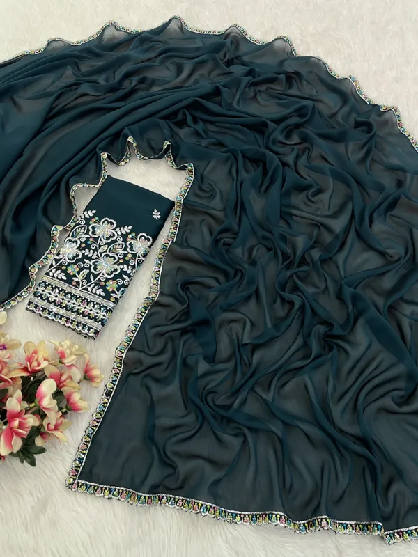 Navy_Blue_Chiffon_Saree_With_Blouse_For_Women