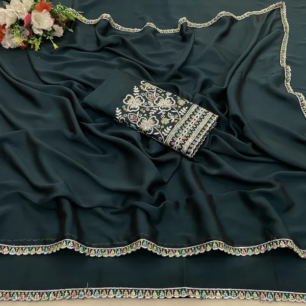 Navy_Blue_Chiffon_Saree_With_Blouse_For_Women
