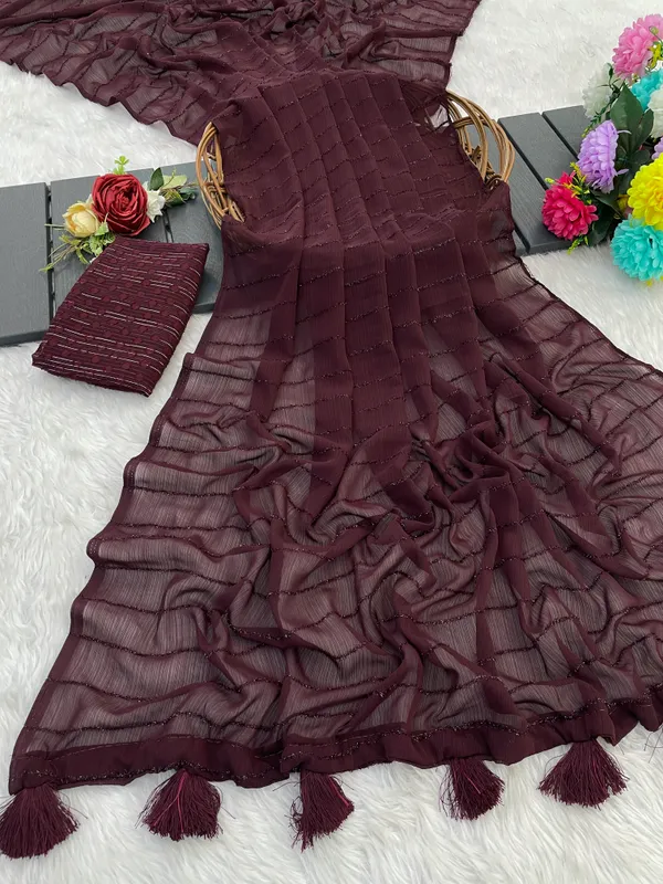 Brown_Chiffon_Saree_With_Blouse_For_Women