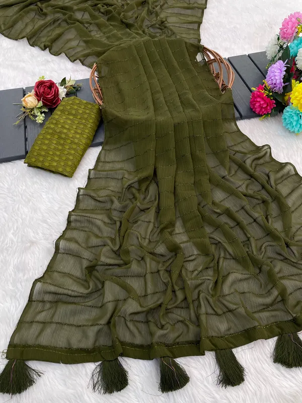 Mehendi_Chiffon_Saree_With_Blouse_For_Women