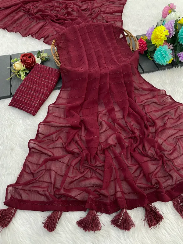 Maroon_Chiffon_Saree_With_Blouse_For_Women