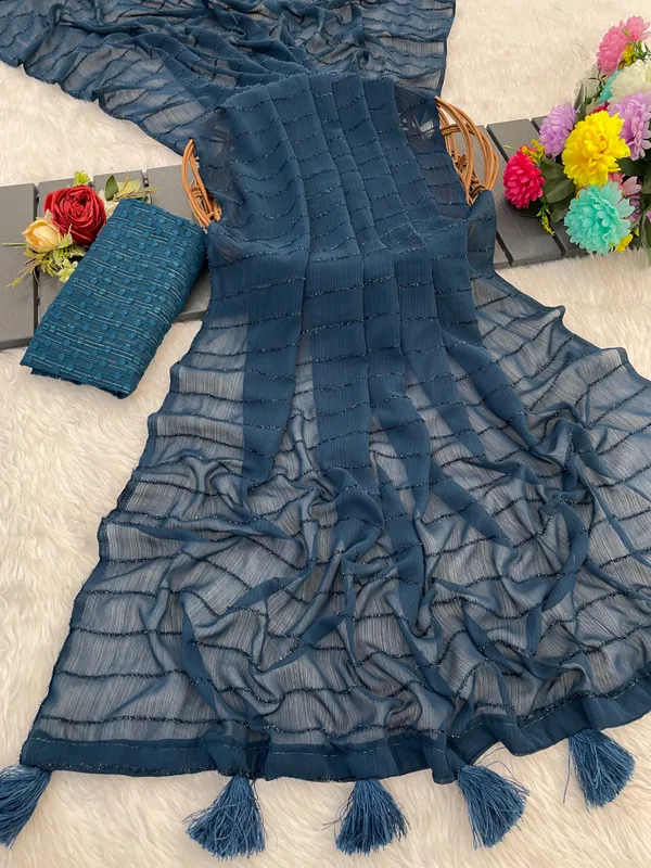 Teal_Chiffon_Saree_With_Blouse_For_Women