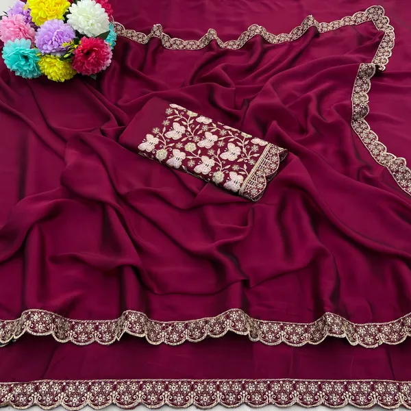 Red_Chiffon_Saree_With_Blouse_For_Women