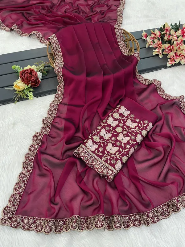 Red_Chiffon_Saree_With_Blouse_For_Women