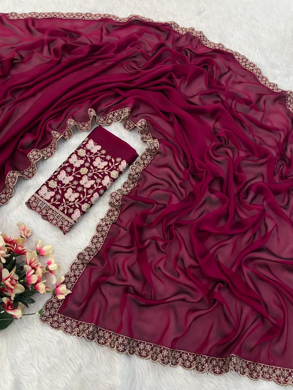 Red_Chiffon_Saree_With_Blouse_For_Women