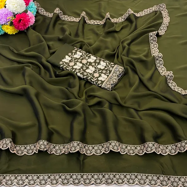 Mehendi_Chiffon_Saree_With_Blouse_For_Women