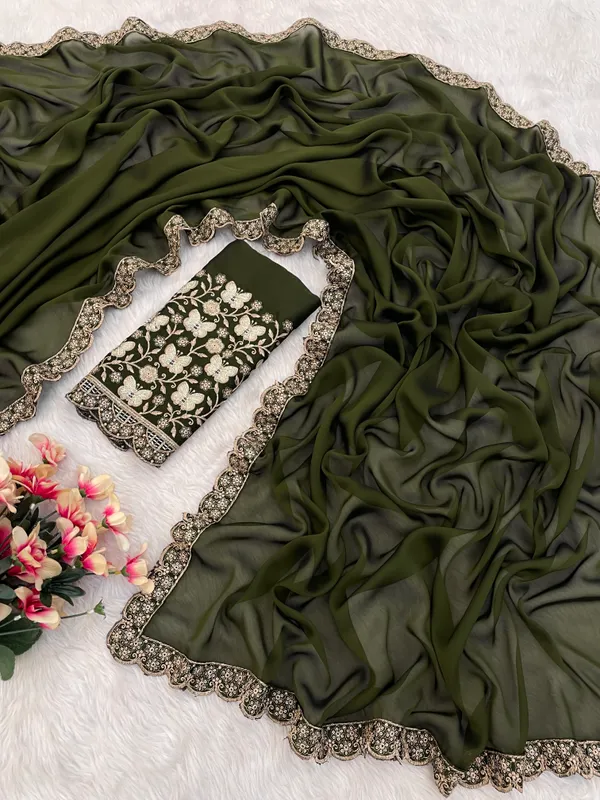 Mehendi_Chiffon_Saree_With_Blouse_For_Women