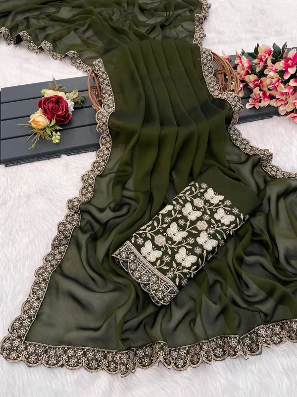 Mehendi_Chiffon_Saree_With_Blouse_For_Women