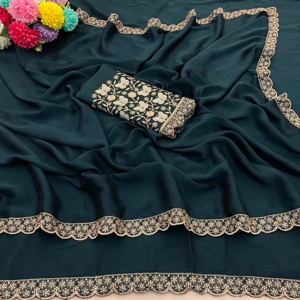 Navy_Blue_Chiffon_Saree_With_Blouse_For_Women
