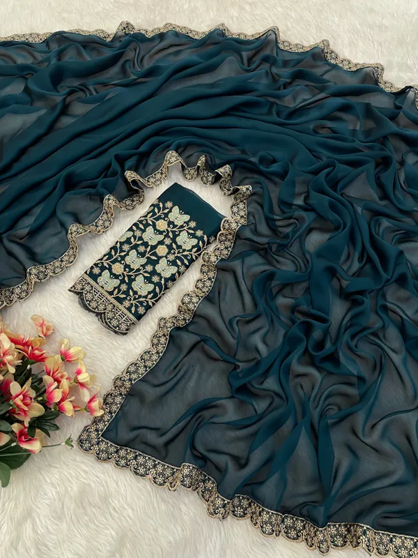 Navy_Blue_Chiffon_Saree_With_Blouse_For_Women