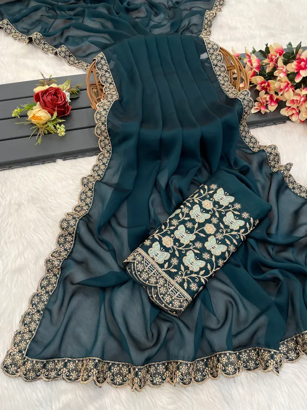 Navy_Blue_Chiffon_Saree_With_Blouse_For_Women