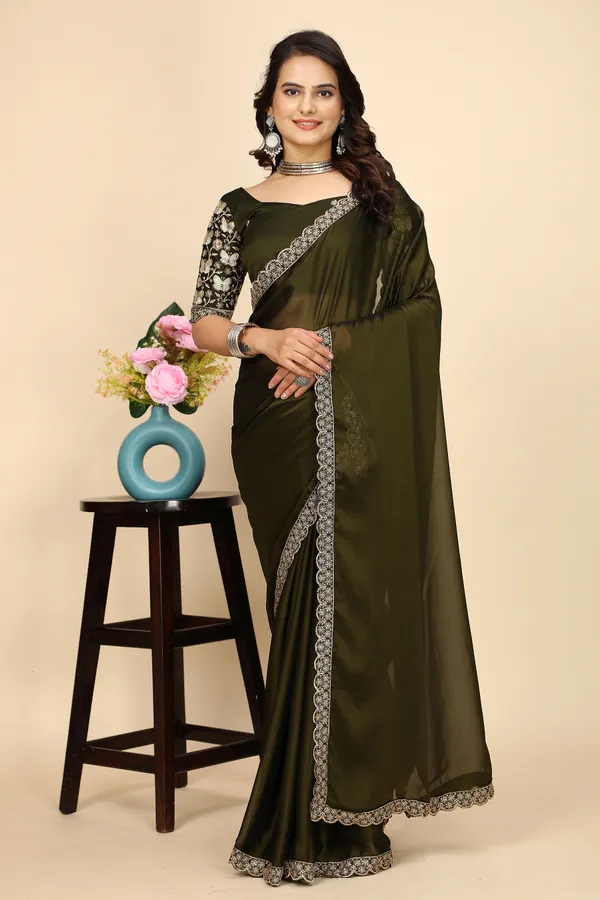 Mehendi_Chiffon_Saree_With_Blouse_For_Women