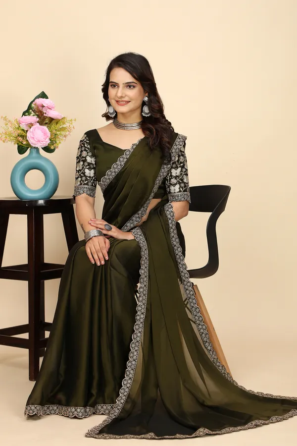 Mehendi_Chiffon_Saree_With_Blouse_For_Women