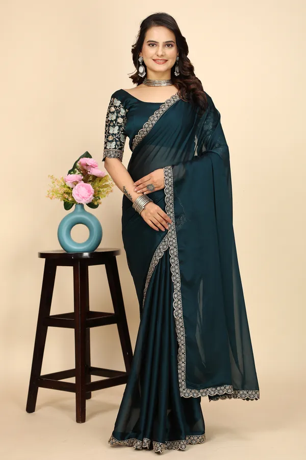 Navy_Blue_Chiffon_Saree_With_Blouse_For_Women