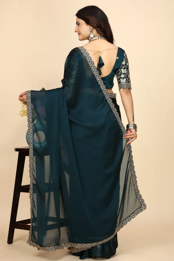 Navy_Blue_Chiffon_Saree_With_Blouse_For_Women