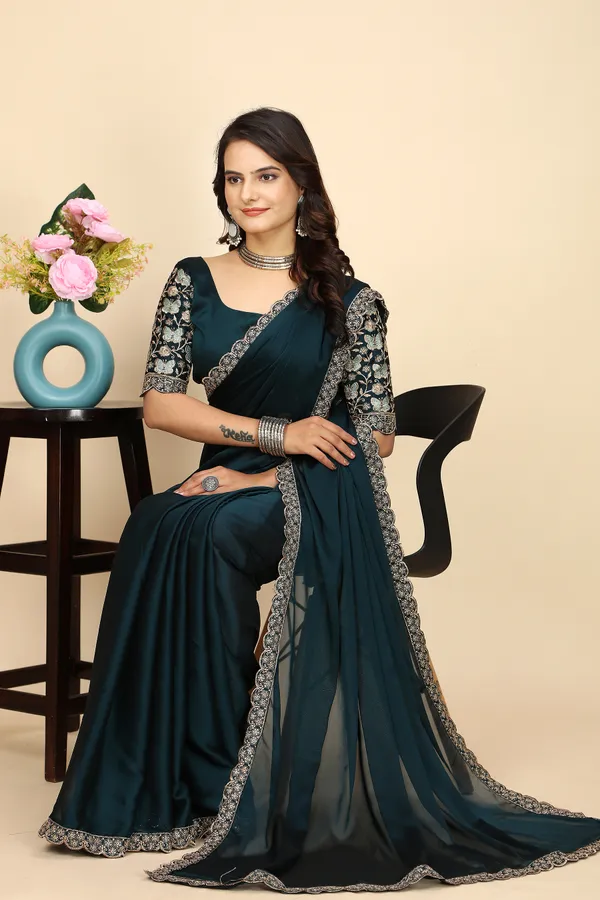 Navy_Blue_Chiffon_Saree_With_Blouse_For_Women