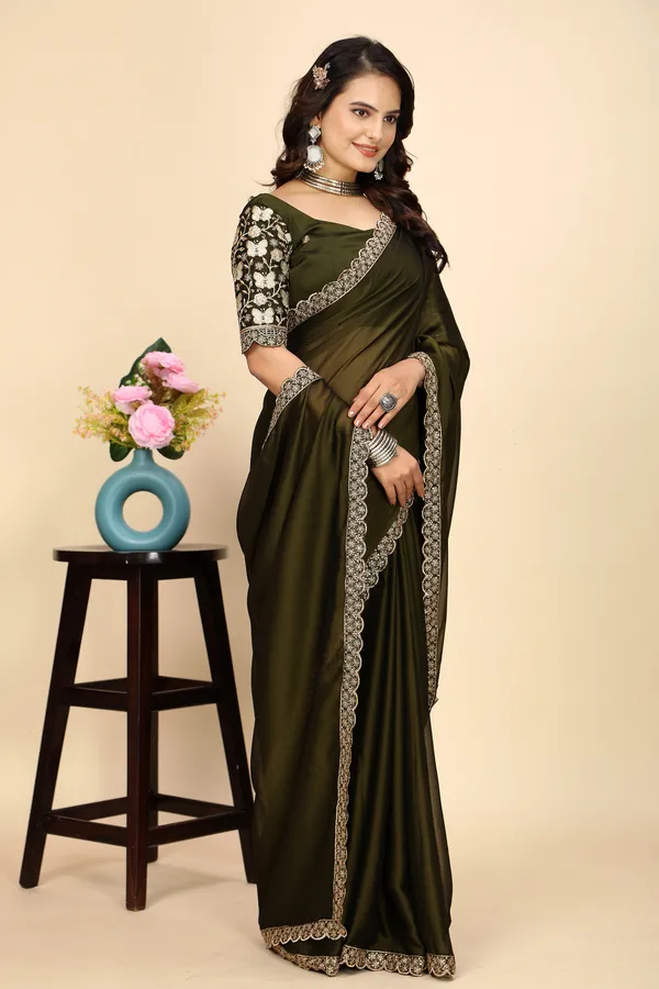 Mehendi_Chiffon_Saree_With_Blouse_For_Women