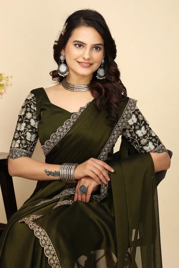 Mehendi_Chiffon_Saree_With_Blouse_For_Women