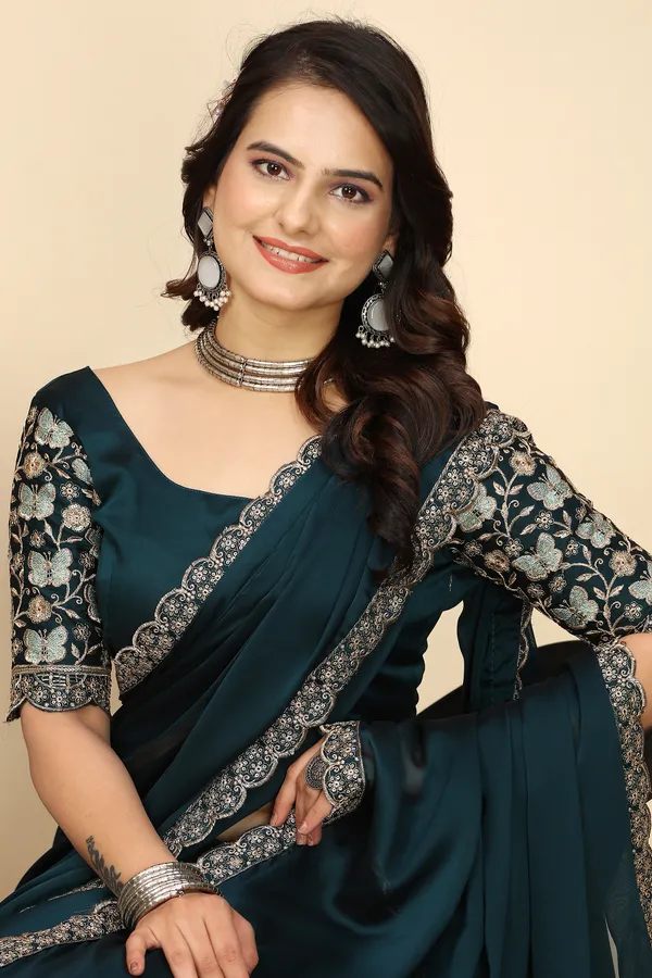 Navy_Blue_Chiffon_Saree_With_Blouse_For_Women