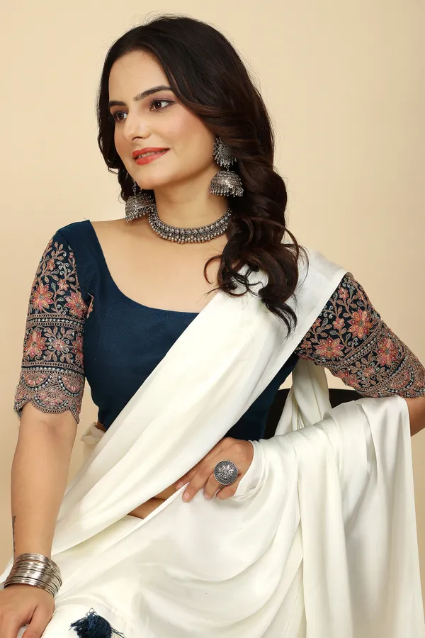 Navy_Blue_Chiffon_Saree_With_Blouse_For_Women