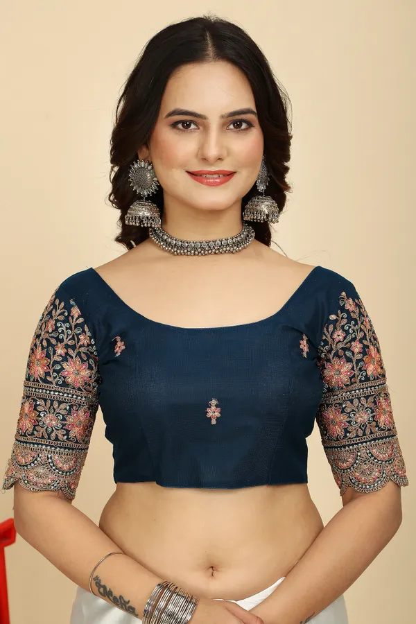 Navy_Blue_Chiffon_Saree_With_Blouse_For_Women