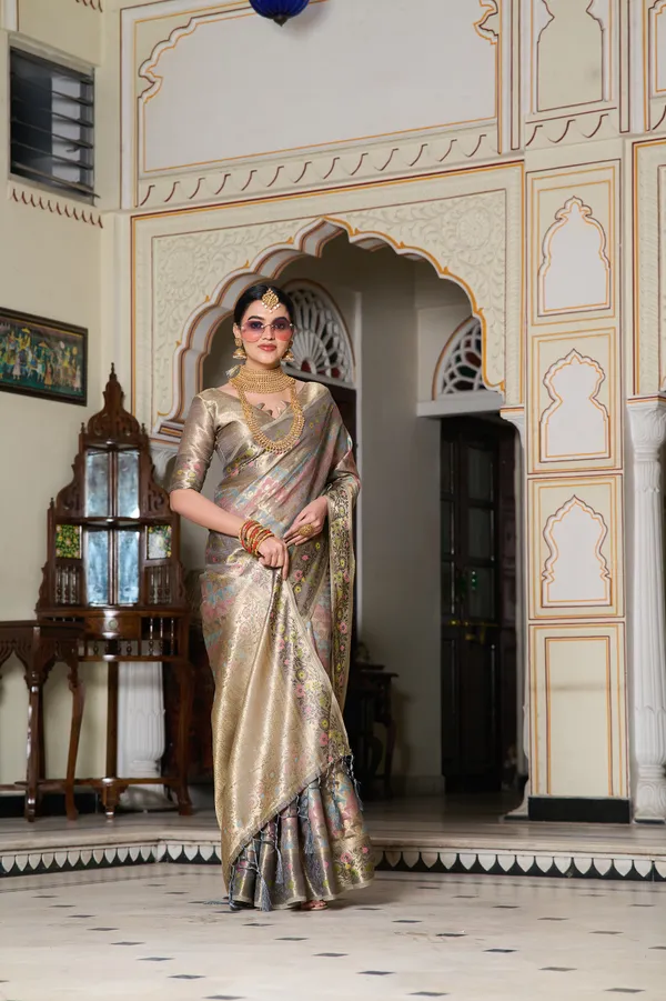 Grey_Banarasi_Organza_Saree_With_Tassels_Blouse_For_Women