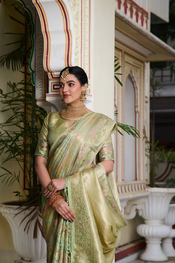 Mint_Green_Banarasi_Organza_Saree_With_Tassels_Blouse_For_Women