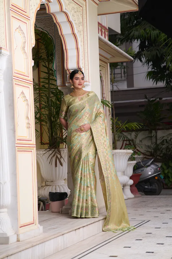 Mint_Green_Banarasi_Organza_Saree_With_Tassels_Blouse_For_Women